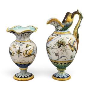 Italian Cantagalli Renaissance Revival Majolica Ewer & Vase, Florence, C.1890
