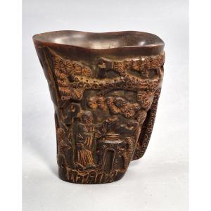 Chinese Libation Cup Carved From Buffalo Horn, Depicting Immortals And Pine Trees, Circa 1880