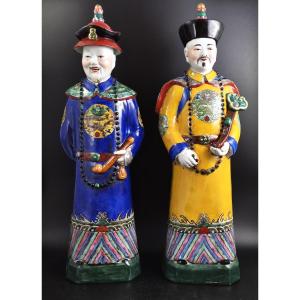 Rare Large 56cm Chinese Porcelain Qing Emperor Figures, Pair, Fujian Huiguan Mark