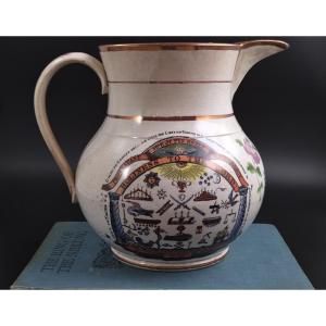 Pichet commémoratif de l'Ordre d'Orange, faïence polychrome du Staffordshire, v.1840