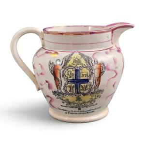 Sunderland Garrison Pottery Masonic Pitcher With Pink Glaze, C. 1855