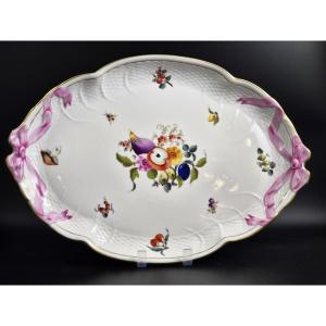 Plateau à rubans en porcelaine ancienne Herend, motif Bouquet de Fruits, vers 1915-1930