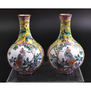 Pair Miniature Chinese Canton Enamel Vases, Rooster And Peony, Yellow Ground, 19th C