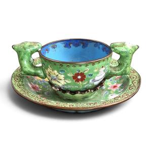 Canton Enamel Bowl And Display Stand, Dragon Handles, Eight Buddhist Emblems, Late 18th Century