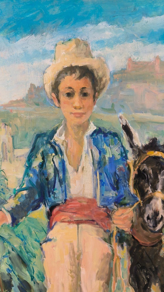 Oil On Canvas "young Farmer And His Donkey" 65 X 54 Cm-photo-3