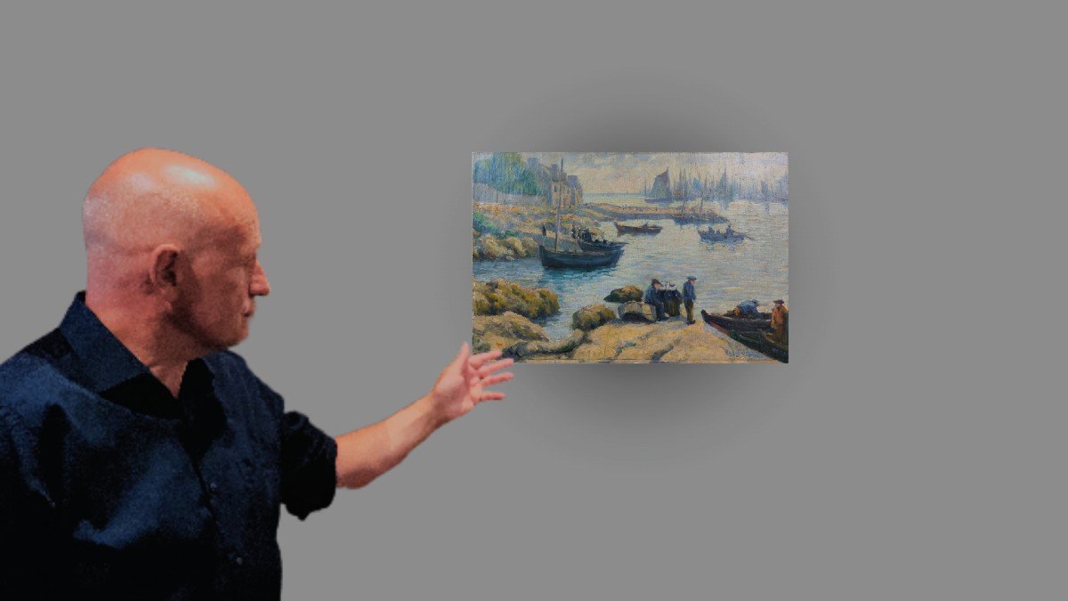 Oil On Canvas "fishermen At The Port" 60.5 X 40.5 Cm-photo-2