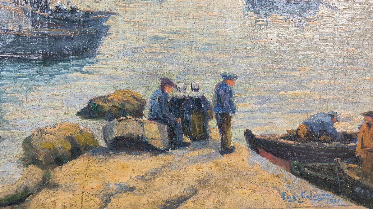 Oil On Canvas "fishermen At The Port" 60.5 X 40.5 Cm-photo-1