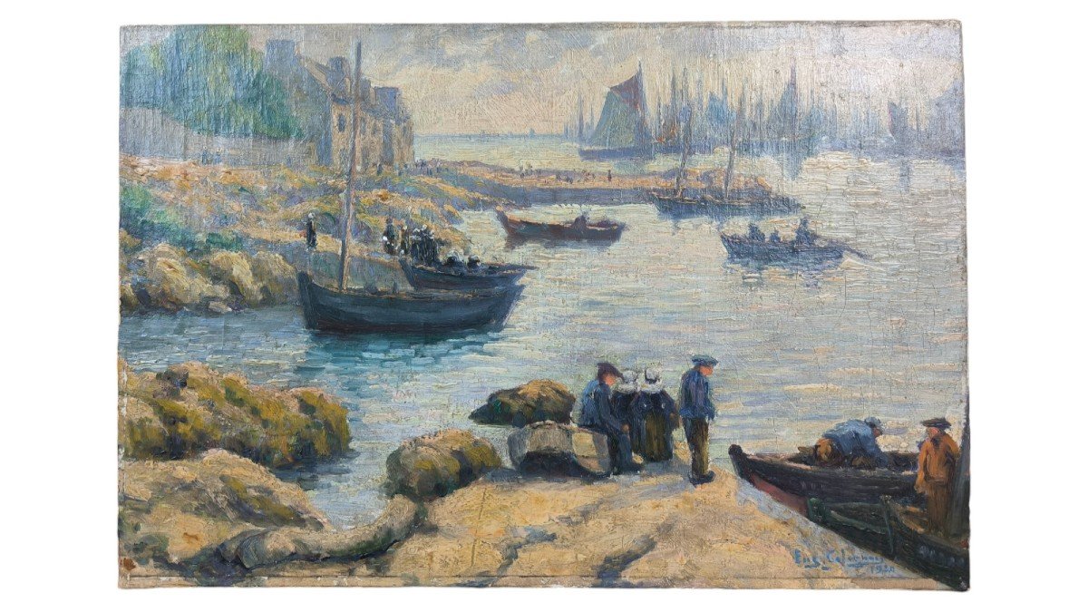 Oil On Canvas "fishermen At The Port" 60.5 X 40.5 Cm