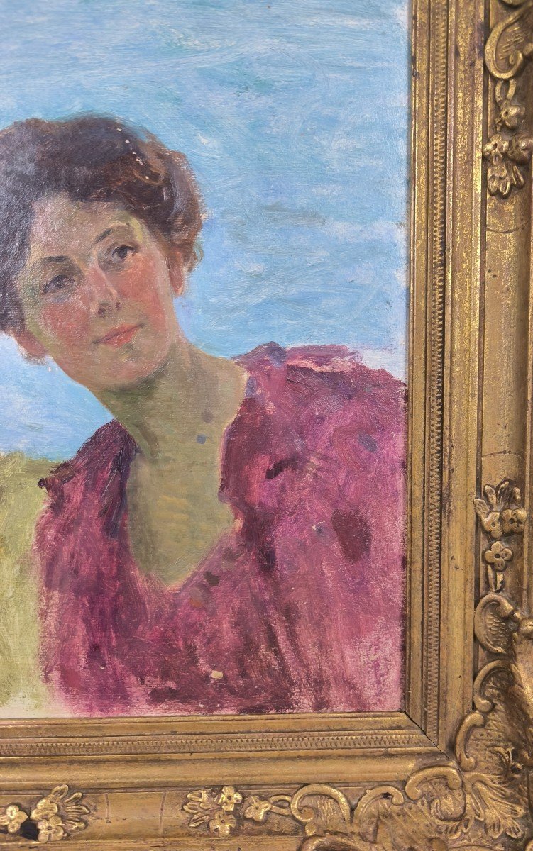 Huile sur panneau  "jeune femme au pull violet"  35 X 27 cm -photo-2