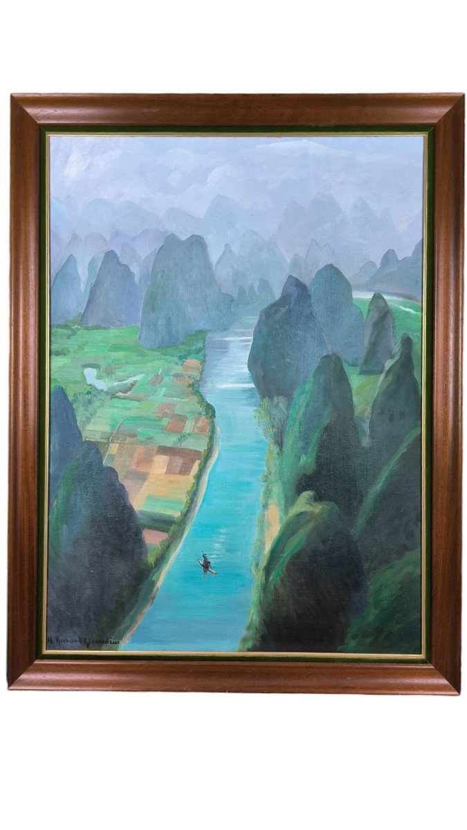 Oil On Canvas "li River In China" 100 X 73 Cm