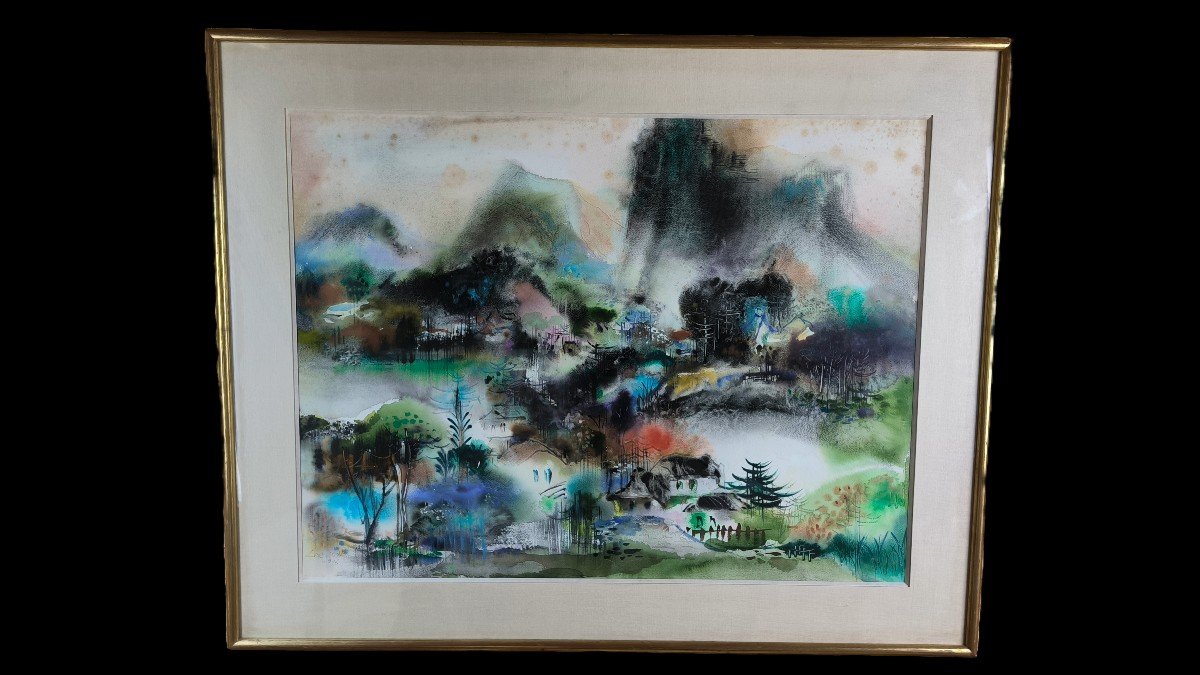 Aquarelle gouachée "village au pied de la montagne" 73 X 55 cm