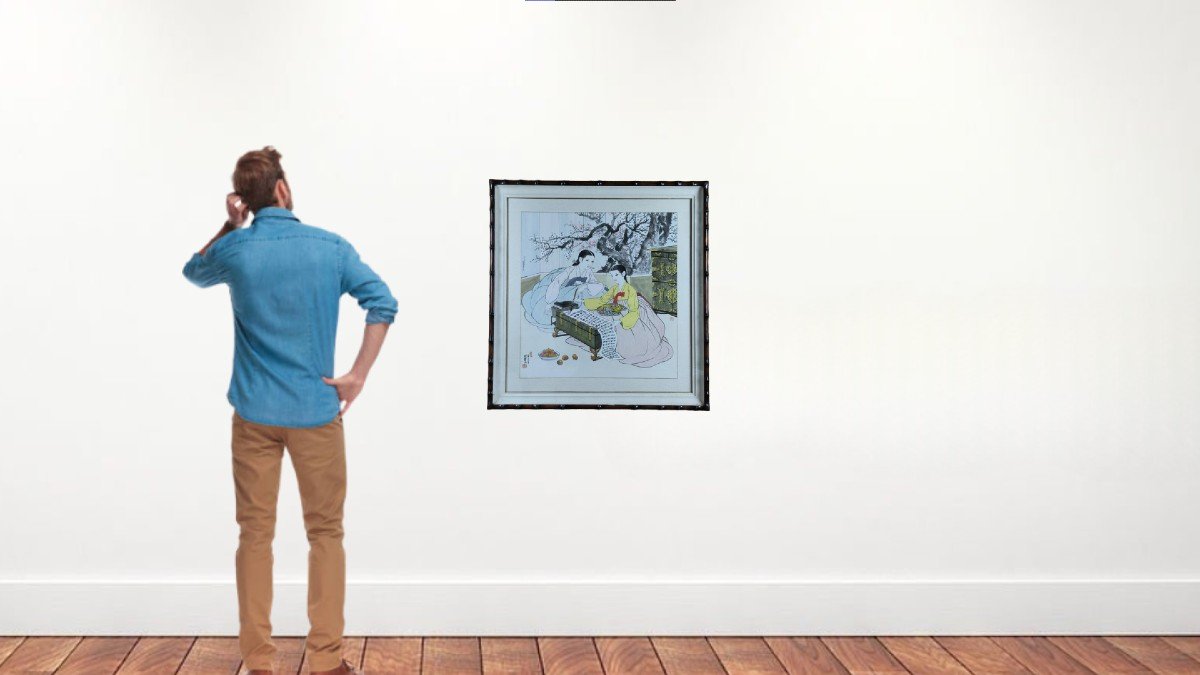 Aquarelle sur soie "jeunes filles écrivant des poèmes" 61 X 58 cm-photo-2