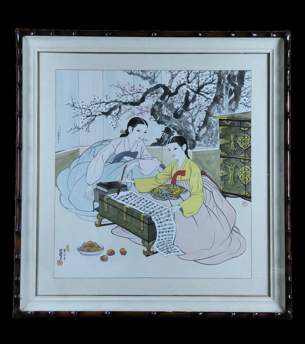 Aquarelle sur soie "jeunes filles écrivant des poèmes" 61 X 58 cm