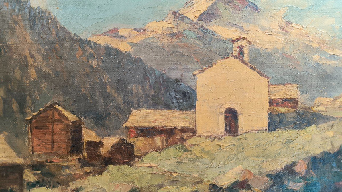 Oil On Canvas "the Matterhorn Seen From The Village" 39.5 X 26 Cm-photo-3