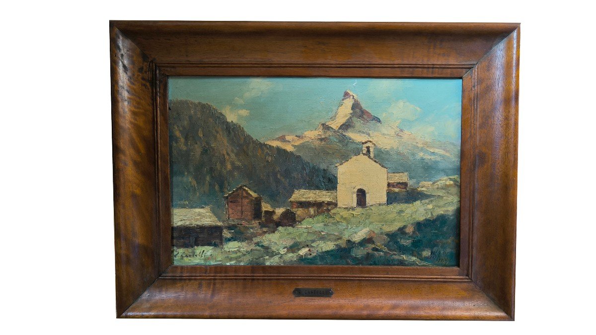 Oil On Canvas "the Matterhorn Seen From The Village" 39.5 X 26 Cm