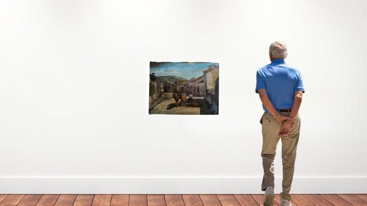 Oil On Canvas "peasant Collecting Manure At The Entrance To The Village" 61 X 46 Cm-photo-2