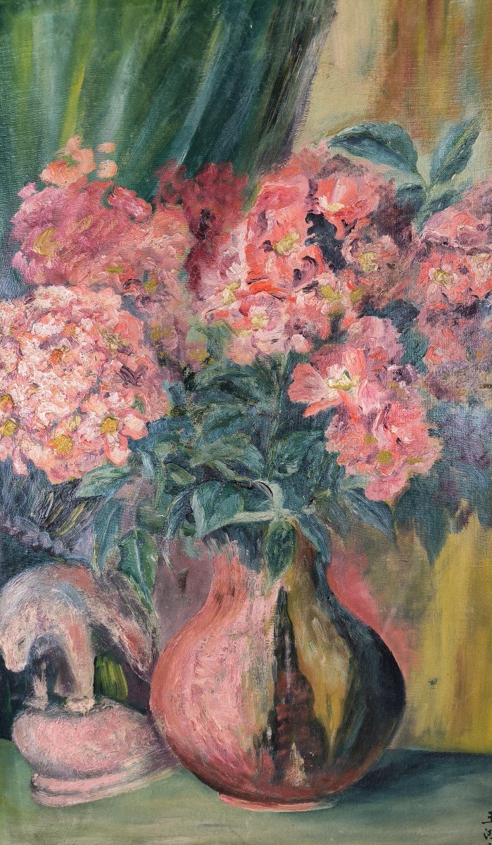 Oil On Canvas "the Bouquet Of Flowers And The Badly Licked Bear" 75 X 48 Cm-photo-1