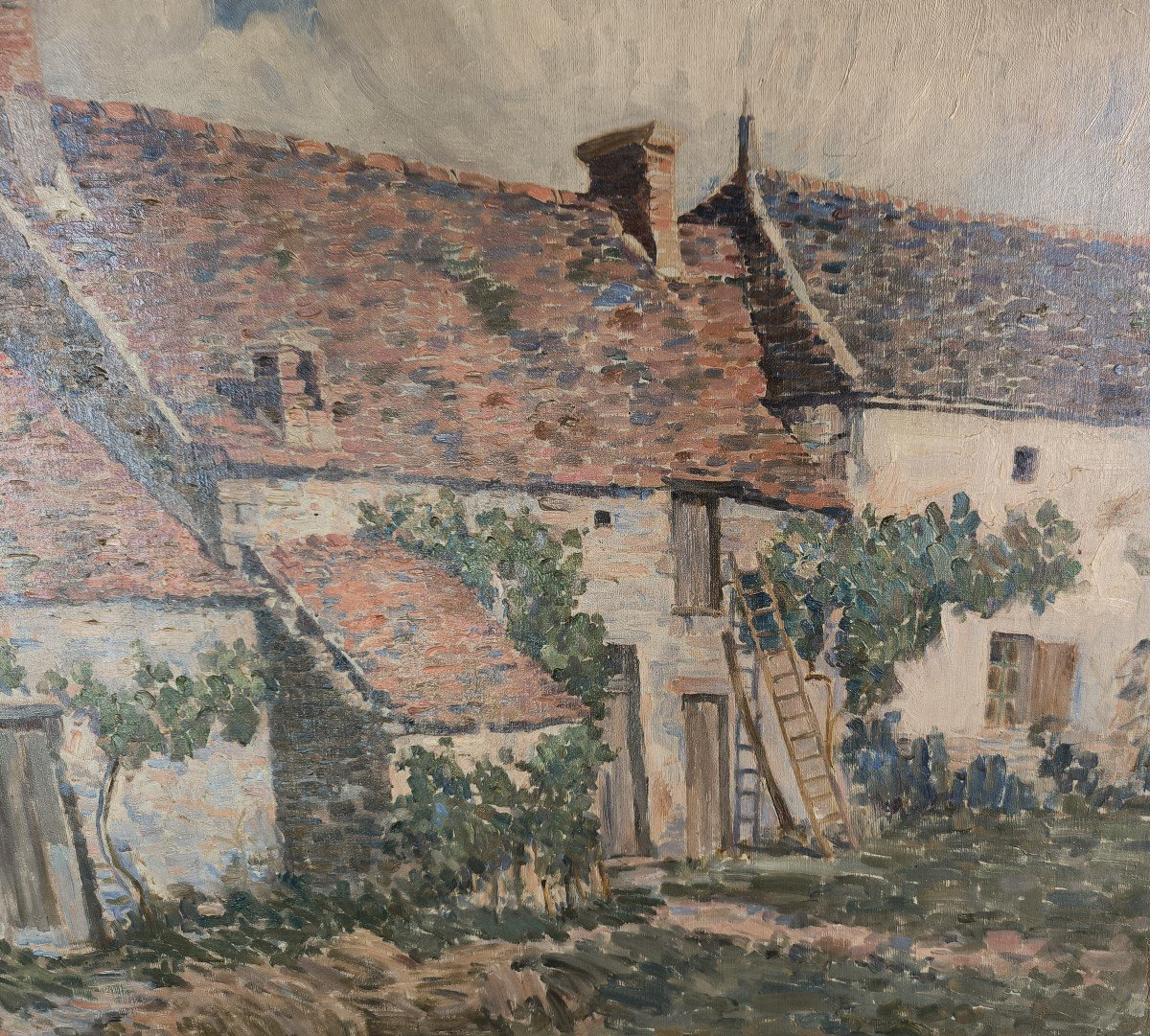 Huile sur toile  "cour de ferme" 80 X 64 cm-photo-1