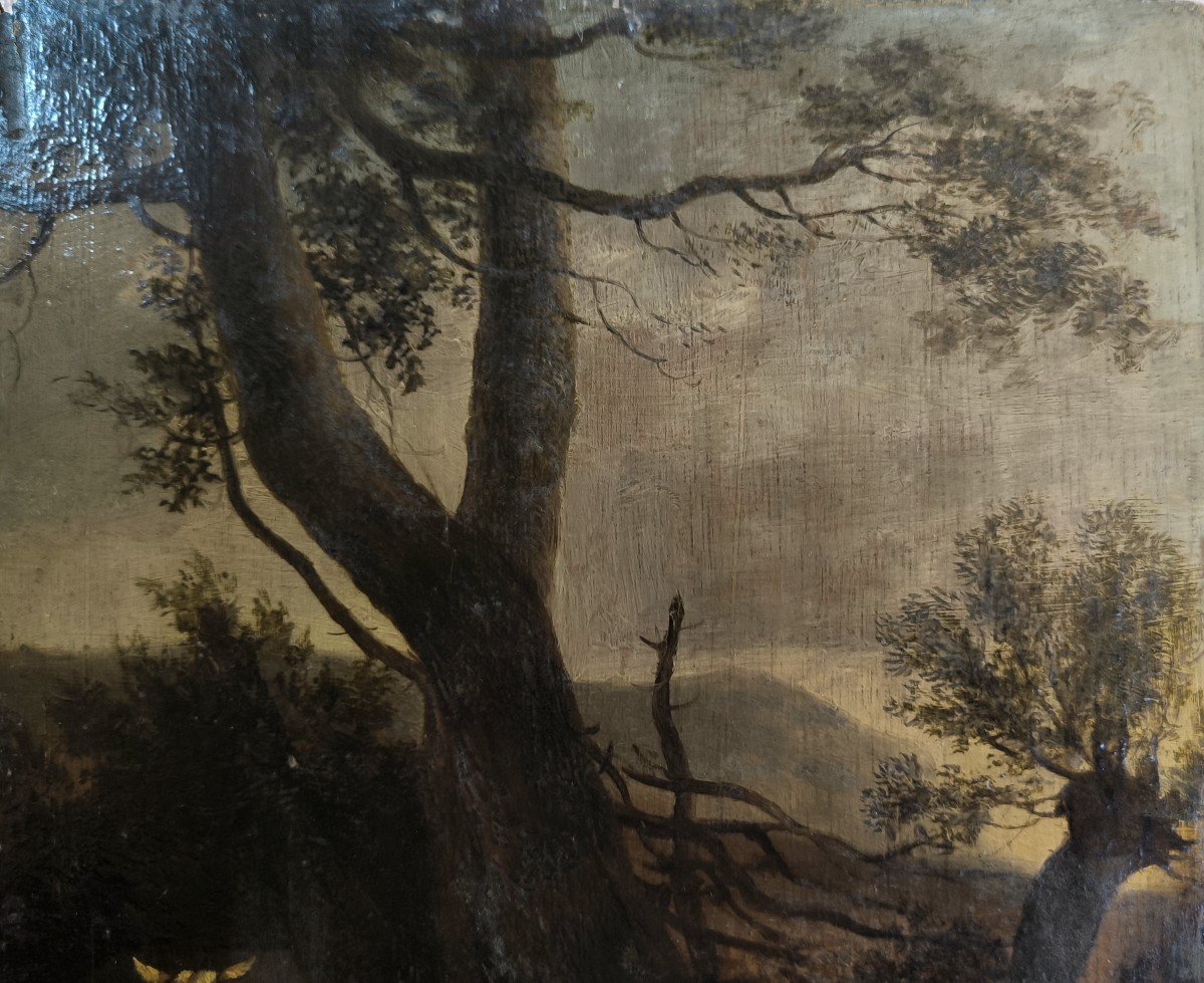 Huile sur panneau "jeune bergère trayant une brebis" 33 X 24 cm-photo-1
