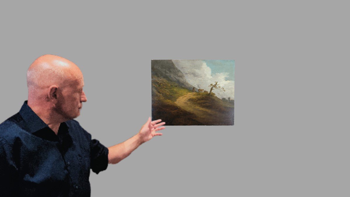 Huile sur panneau "vacher dans la colline avant l'orage" 31 X 24,7cm-photo-4