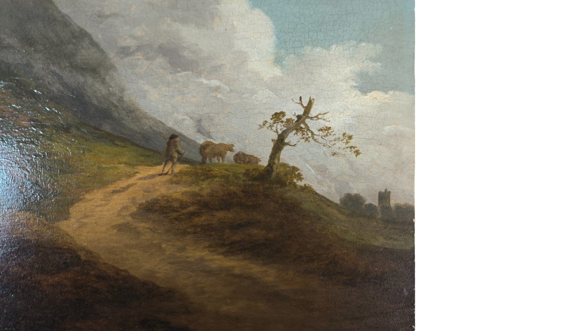 Huile sur panneau "vacher dans la colline avant l'orage" 31 X 24,7cm-photo-1