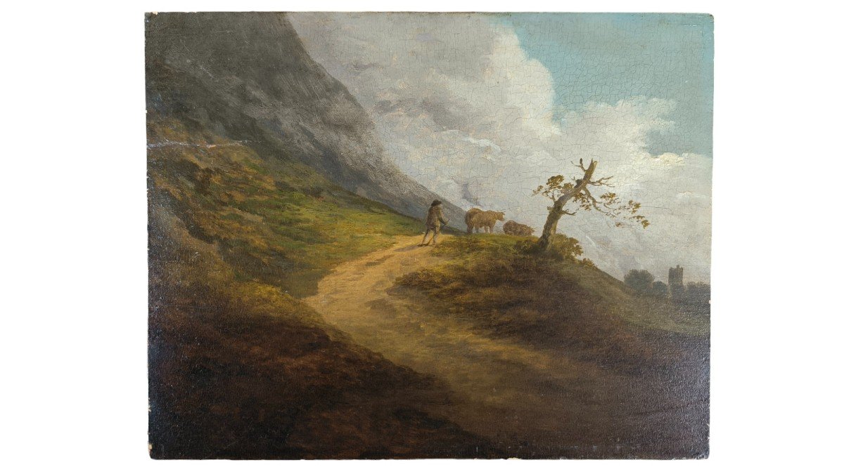 Huile sur panneau "vacher dans la colline avant l'orage" 31 X 24,7cm
