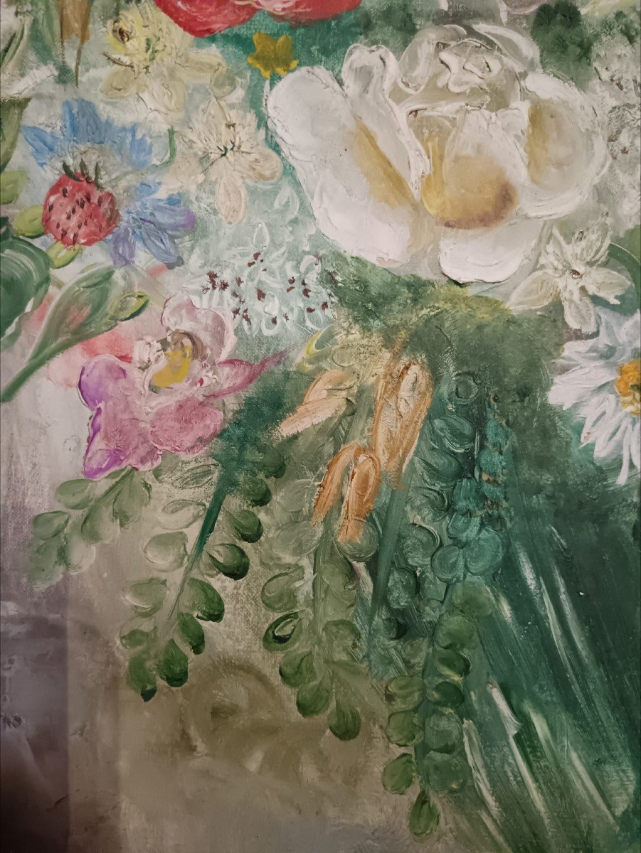 Oil On Canvas "bouquet Of Flowers" 46 X 33 Cm-photo-3