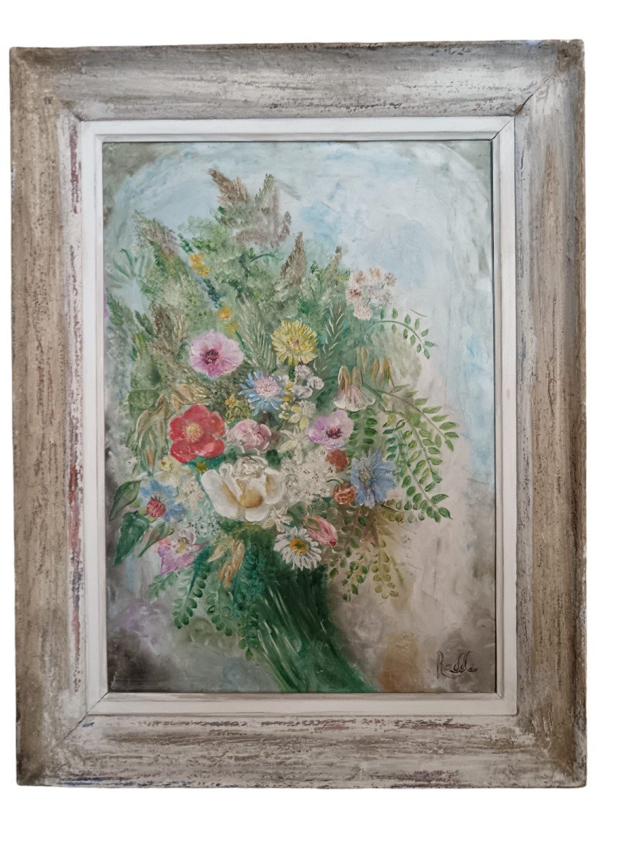 Oil On Canvas "bouquet Of Flowers" 46 X 33 Cm