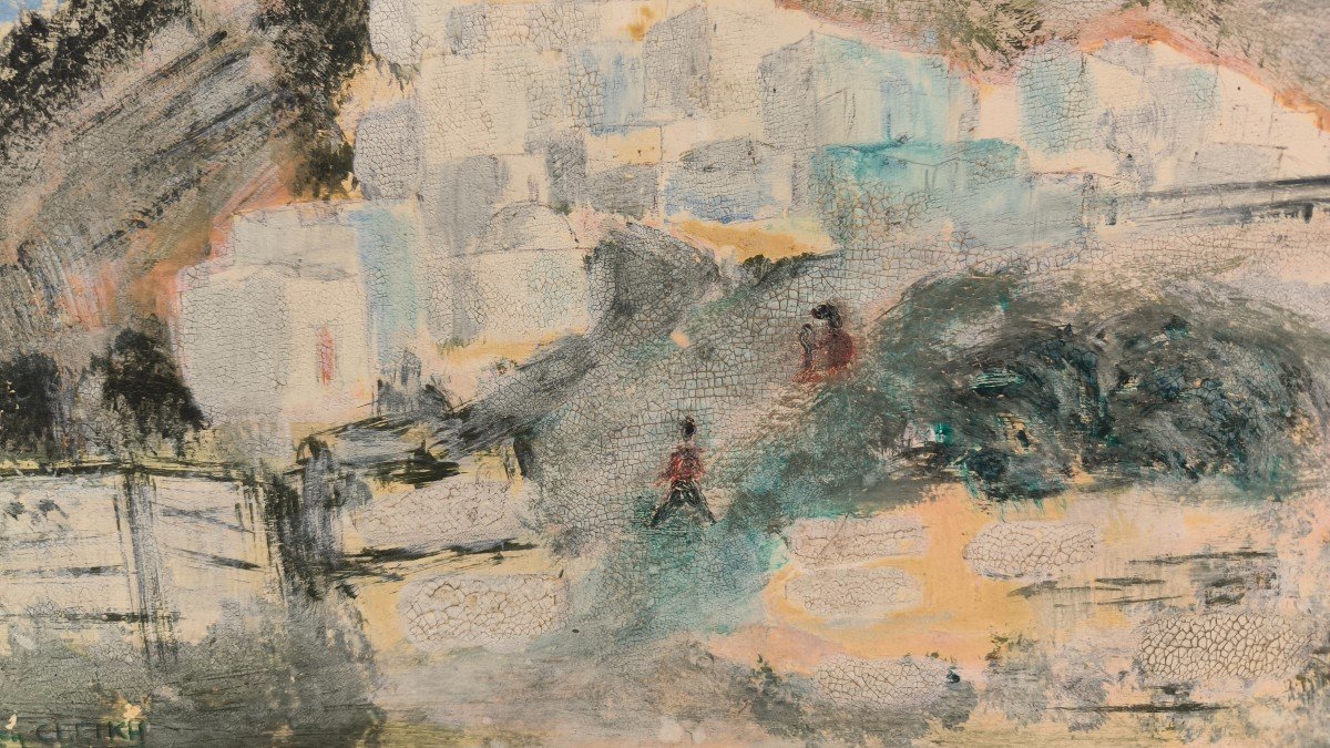 Mixed Media On Cardboard "village In The Mountains" 31 X 24 Cm-photo-1