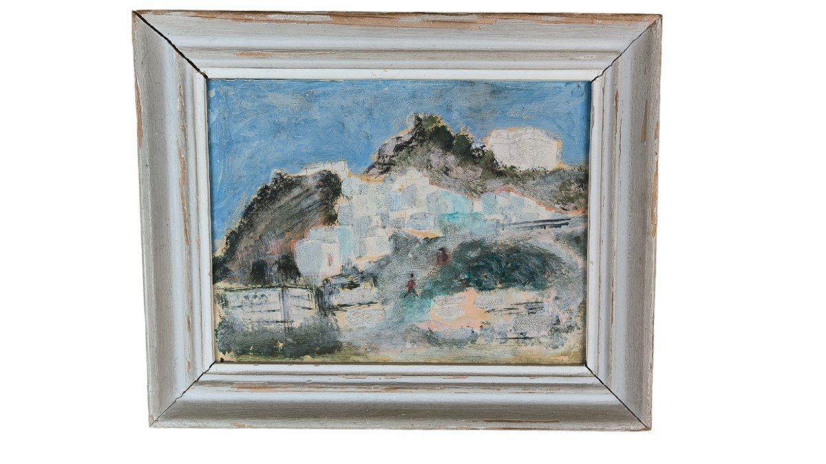 Mixed Media On Cardboard "village In The Mountains" 31 X 24 Cm