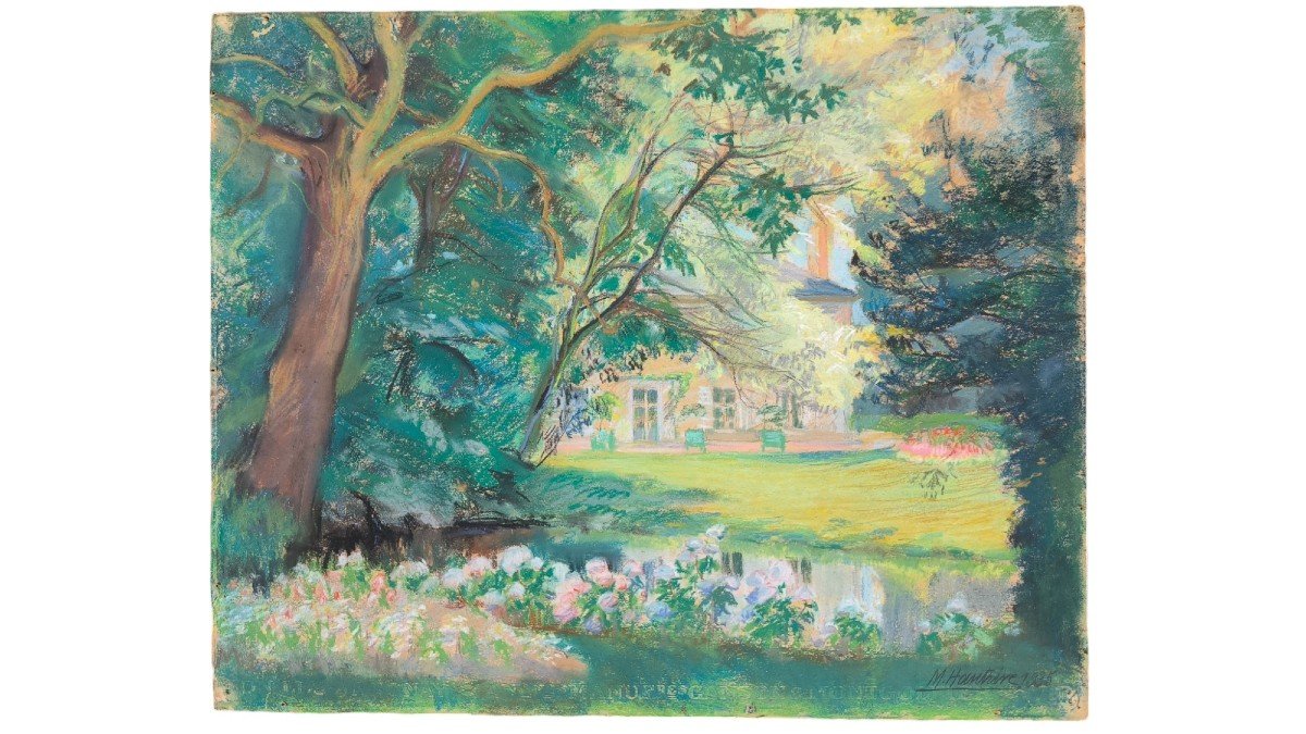 Pastel And Gouache On Paper "the Castle Park" 46.3 X 37.5 Cm