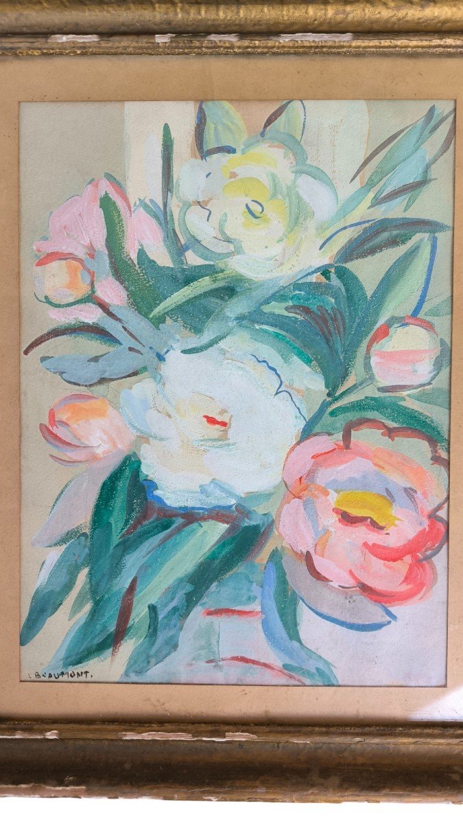 Lucienne Beaumont. Gouache Watercolor "flowers" 33.5 X 25 Cm
