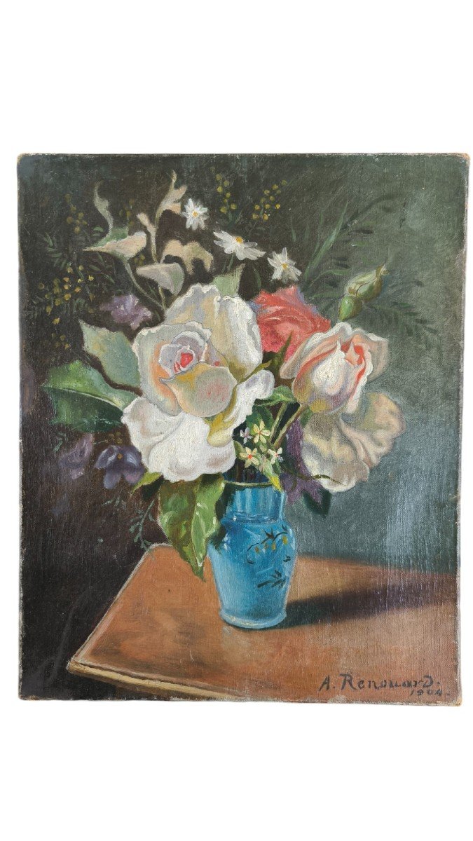 A. Renouard. Oil On Canvas "bouquet Of Flowers In A Blue Vase" 27 X 22 Cm