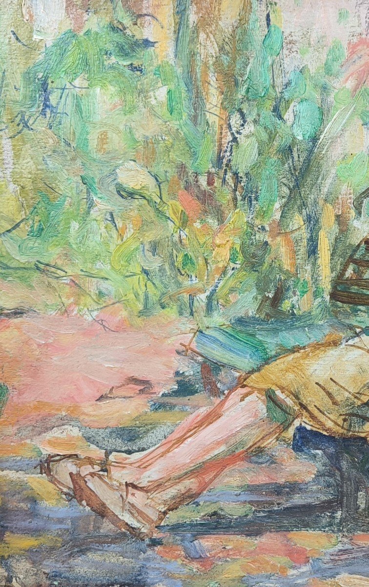 Joseph Lamberton. Huile sur carton "jeune femme assise sur un banc" 31,2 X 26 Cm-photo-3