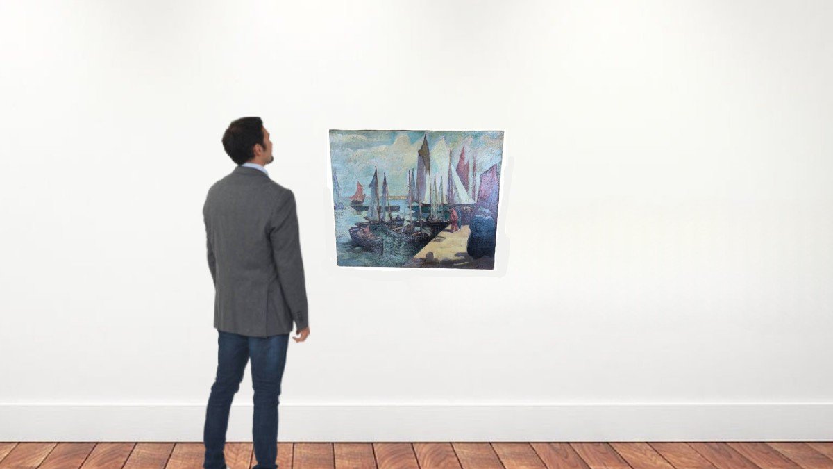 Weisser. Huile sur toile "pêcheurs et leurs bateaux au port"  55 X 46 Cm-photo-4