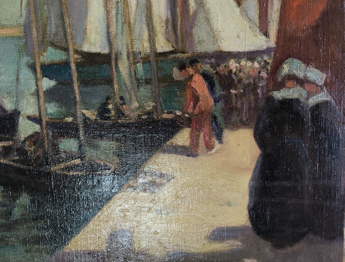 Weisser. Huile sur toile "pêcheurs et leurs bateaux au port"  55 X 46 Cm-photo-2