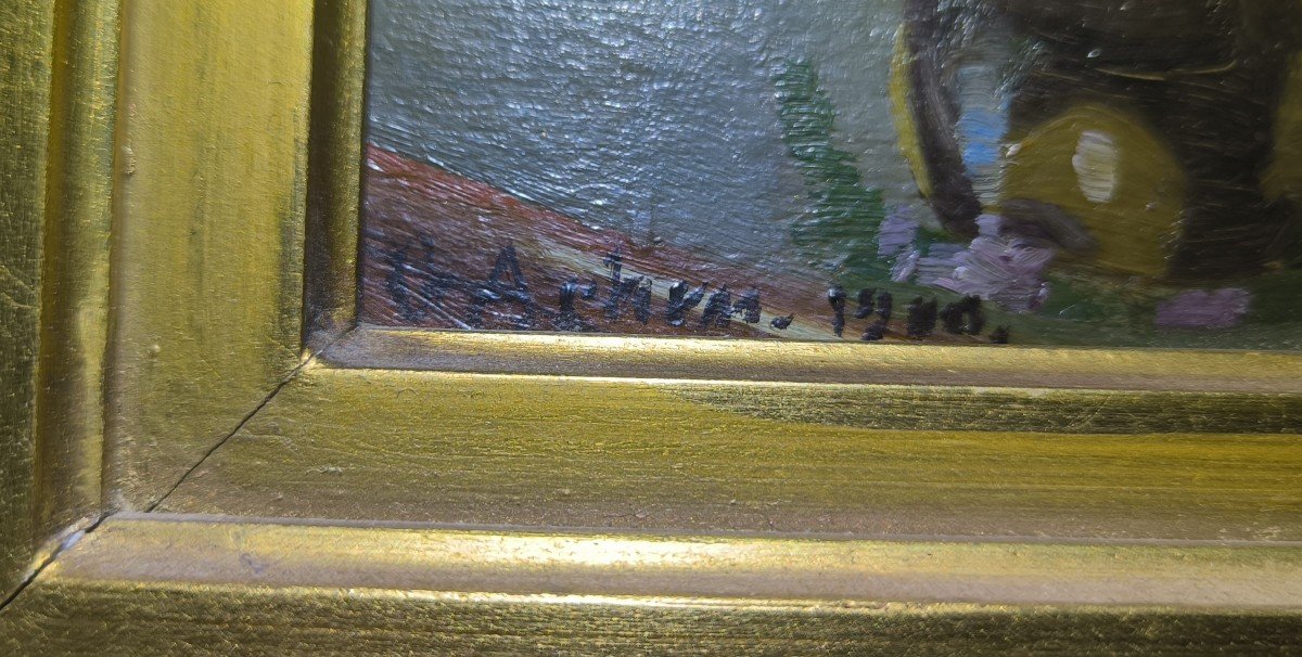 Georg Nikolaj Achen. Huile sur carton préparé "intérieur bourgeois" 30,5 X 24,5 Cm-photo-2