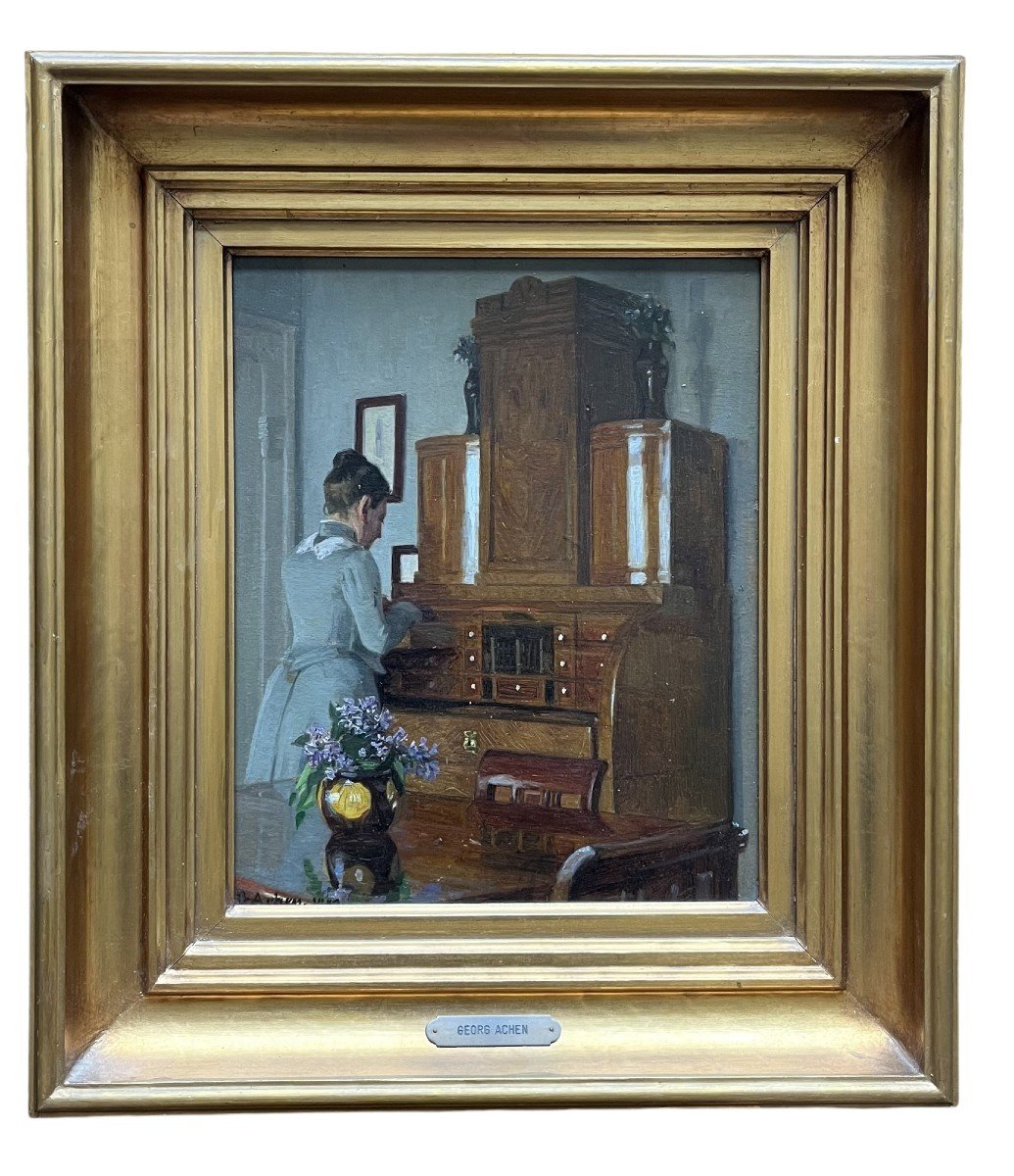 Georg Nikolaj Achen. Huile sur carton préparé "intérieur bourgeois" 30,5 X 24,5 Cm