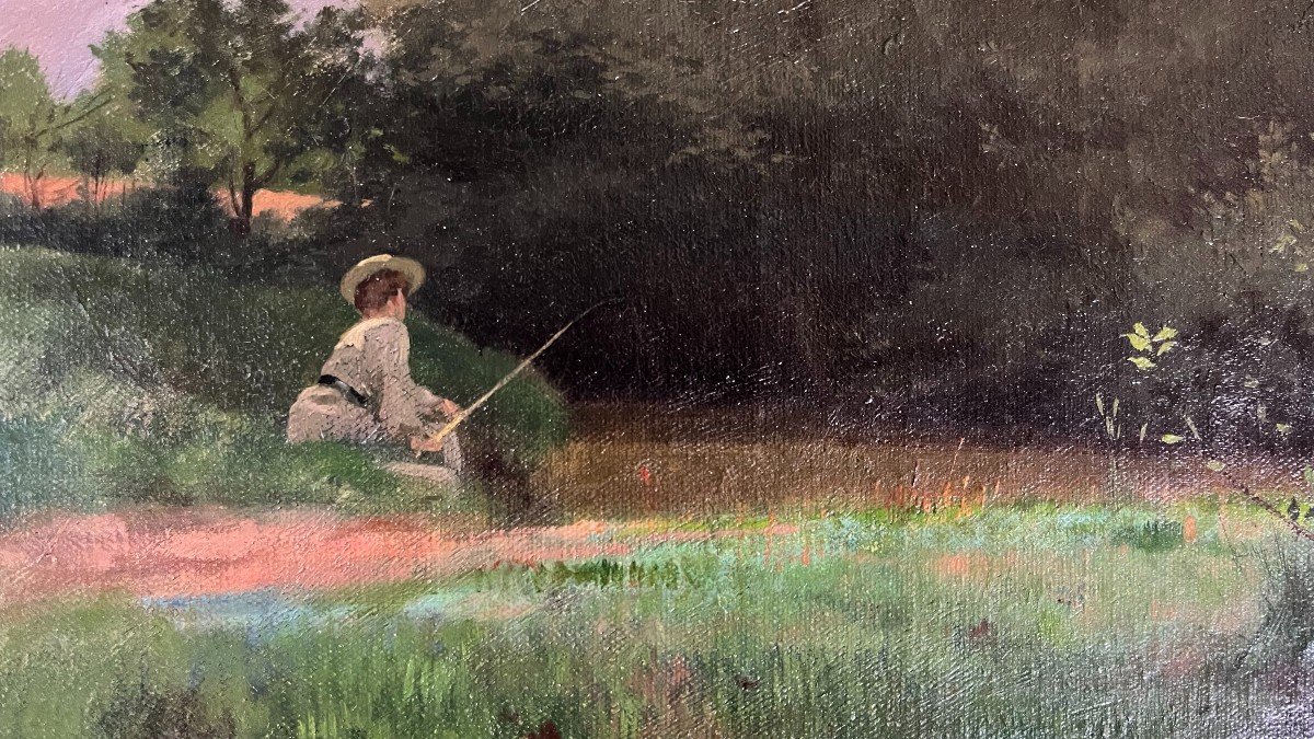 Emile Thivier. Huile sur toile "Suzanne péchant dans la propriété" 41 X 33 Cm-photo-2