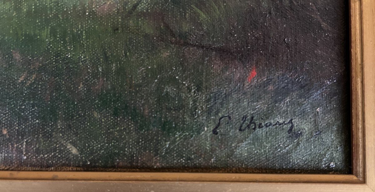 Emile Thivier. Huile sur toile "Suzanne péchant dans la propriété" 41 X 33 Cm-photo-3