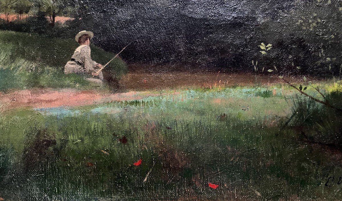 Emile Thivier. Huile sur toile "Suzanne péchant dans la propriété" 41 X 33 Cm-photo-1