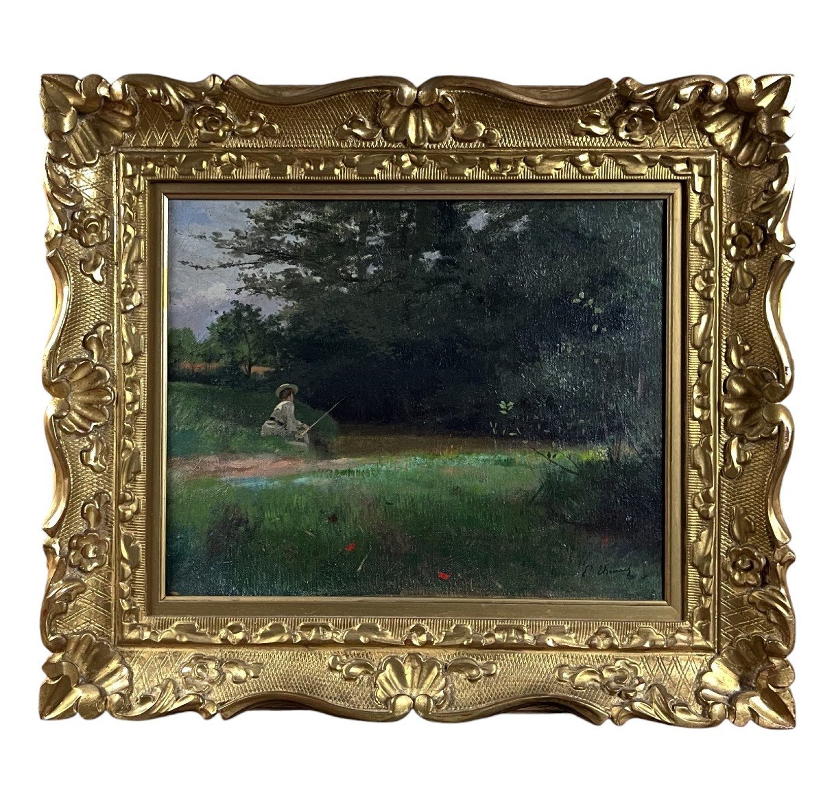 Emile Thivier. Huile sur toile "Suzanne péchant dans la propriété" 41 X 33 Cm