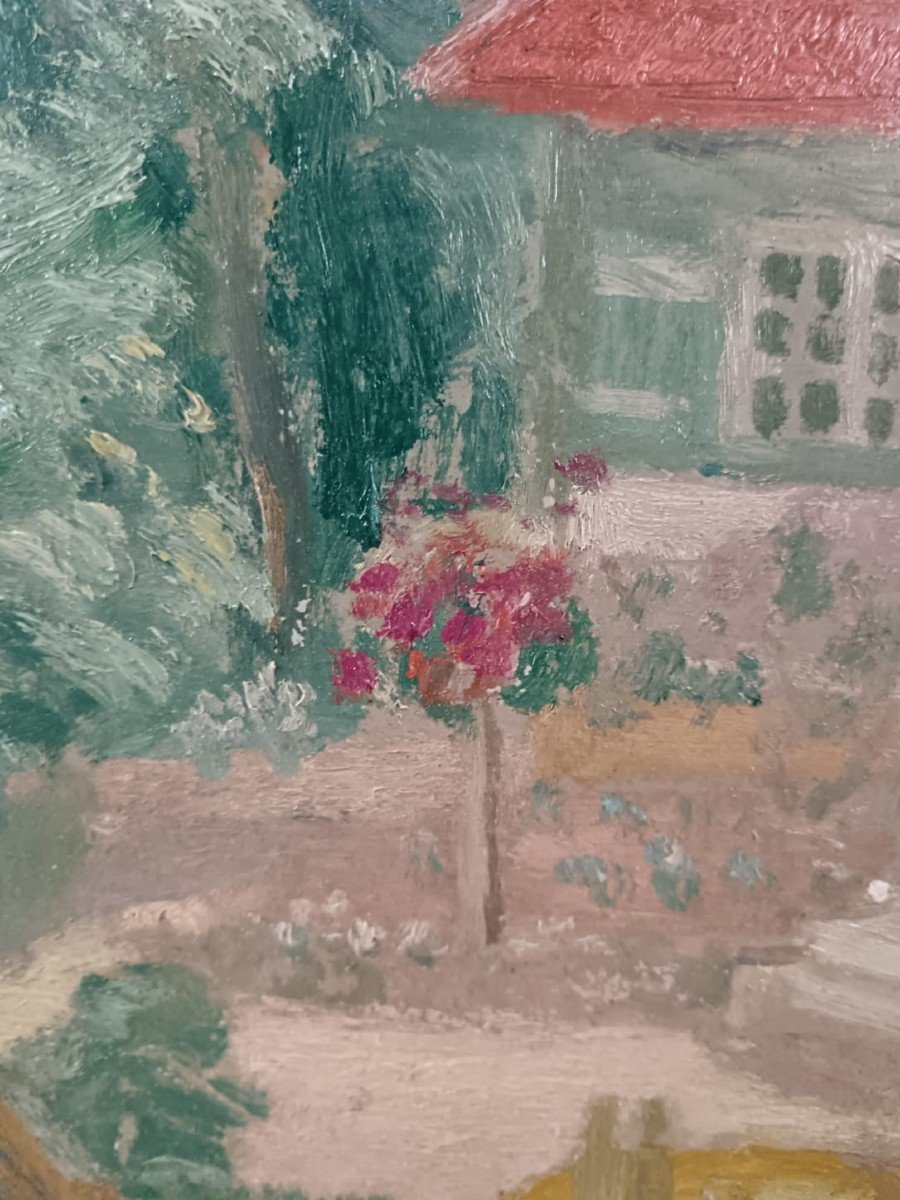 Miyamoto Kohei. Oil On Cardboard "the Pretty Little House And Its Little Garden" 41 X 33 Cm-photo-2