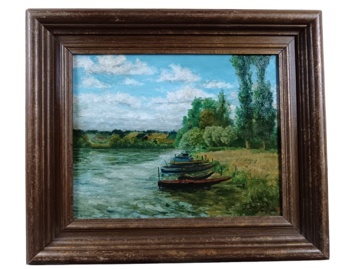 Jacques Boussard. Huile sur panneau d'isorel "les barques amarrées" 38,5 X 31 Cm