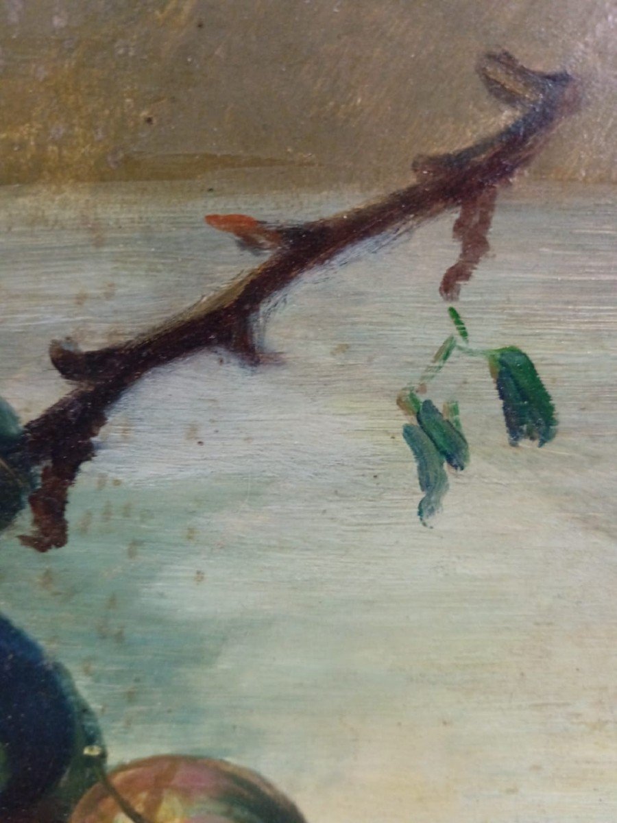 Ecole impressionniste. Huile sur panneau d'acajou "les belles prunes" 27 X 22 Cm-photo-4