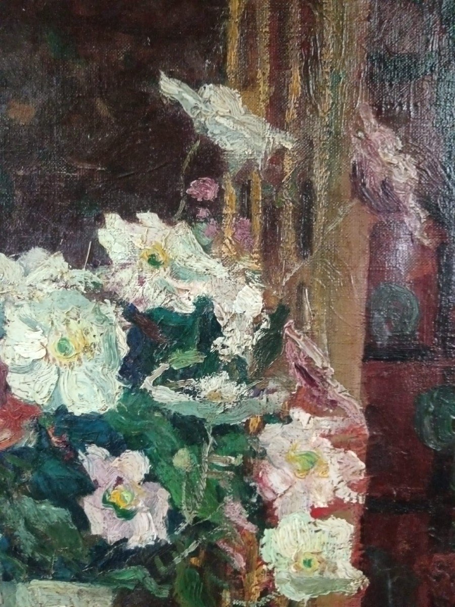 Yasushi Tanaka. Oil On Canvas "the Bouquet Of Flowers On The Console" 65 X 50 Cm-photo-6