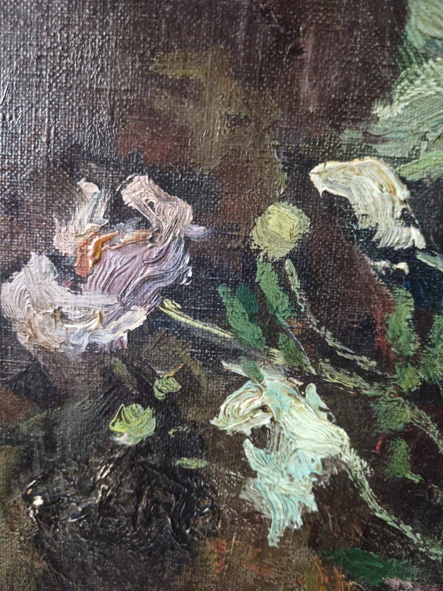 Yasushi Tanaka. Oil On Canvas "the Bouquet Of Flowers On The Console" 65 X 50 Cm-photo-8