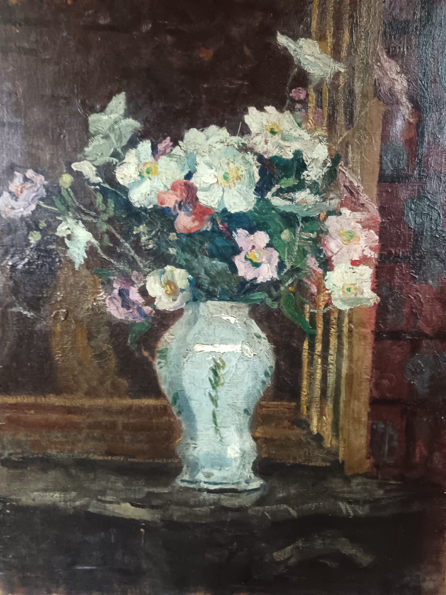 Yasushi Tanaka. Oil On Canvas "the Bouquet Of Flowers On The Console" 65 X 50 Cm