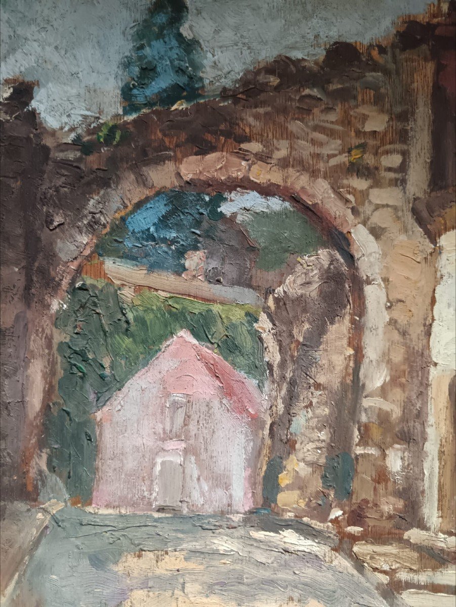 Marthe Widhopff. Huile sur panneau "l'ancienne porte du village" 50 X 35 Cm-photo-2