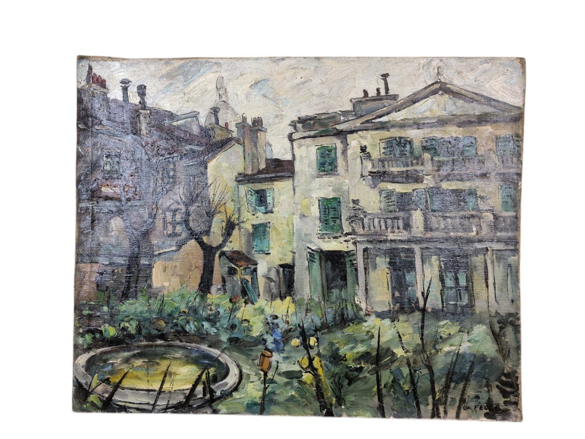 Ecole de Montmartre. Huile sur toile "cour à Montmartre" 72 X 60 Cm